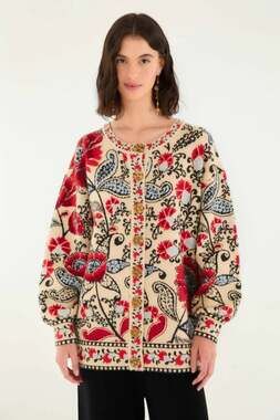 Farm Rio Francesca Sand Knit Cardigan Floral Multi Color Cuff Sleeves XL NWT